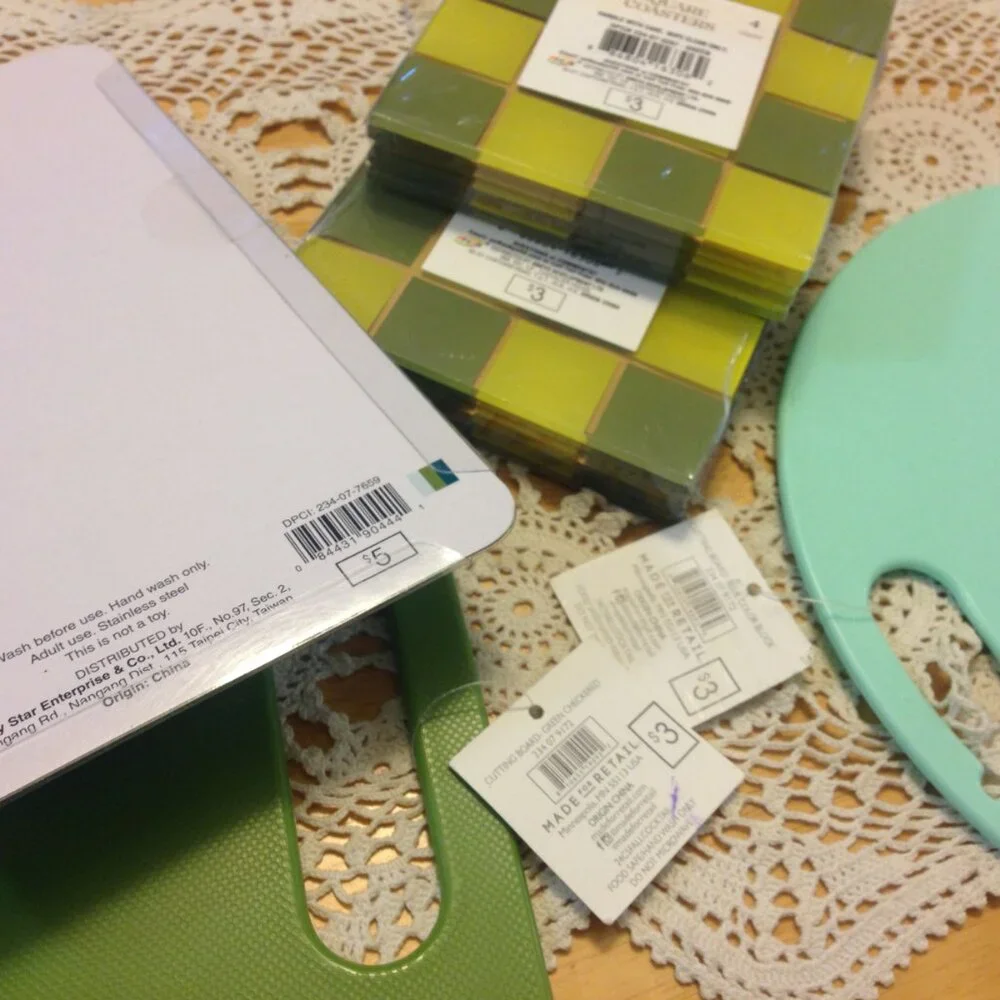 Farmhouse colors kitchen tools, cutting boards, cheese knives, coasters